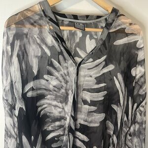 Lilith 100% Silk‎ Gray & Black Abstract Palm Leaves Flouncy Sheer Blouse